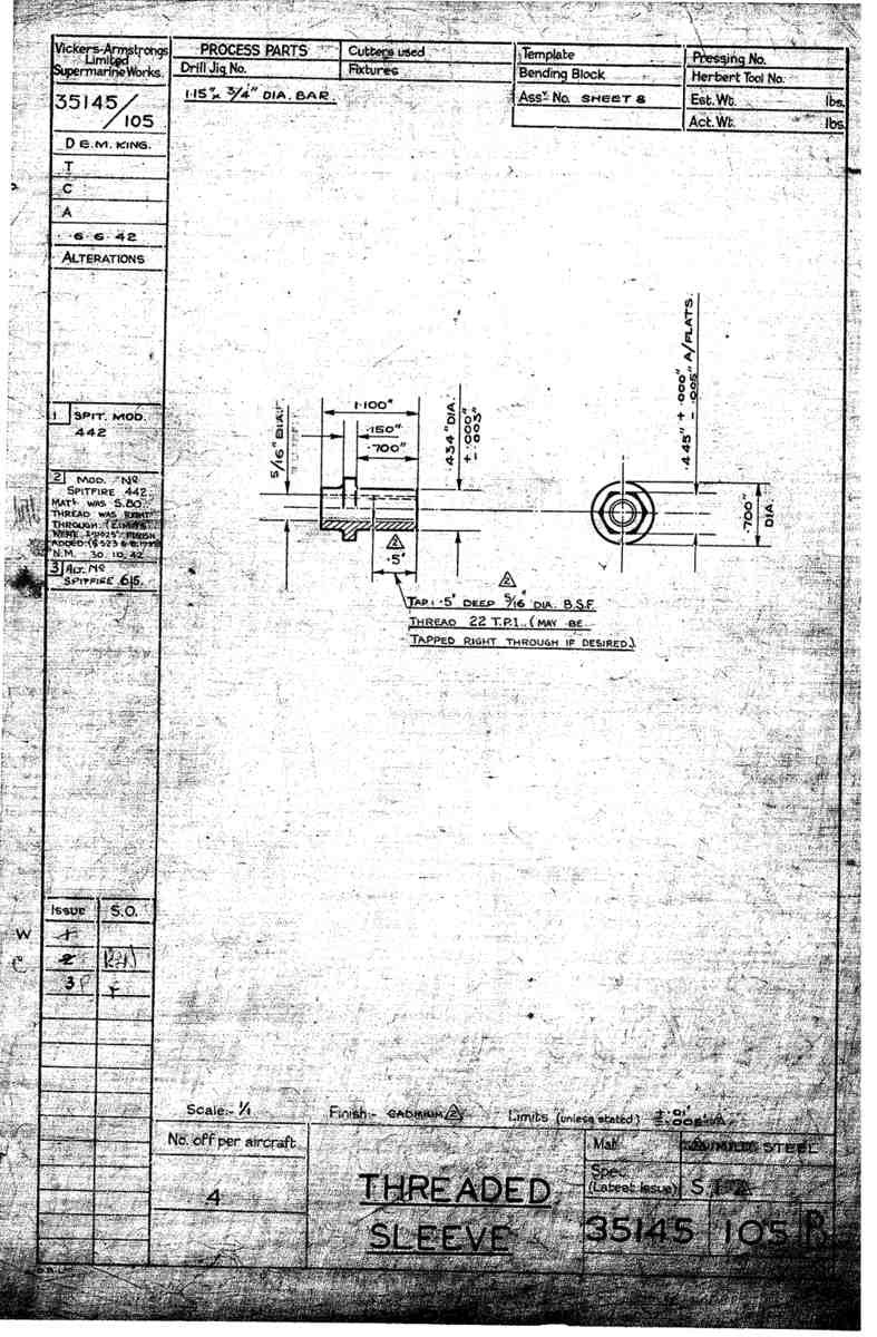 Spitfire Mk VII Type 351 Blueprints 35145 105 B Threaded Sleeve A4 Photo Print