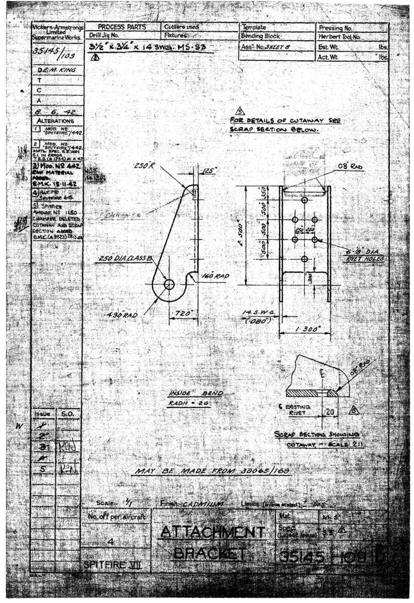 Spitfire Mk VII Type 351 Blueprints 35145 109 B Attachment Bracket A4 Photo Print