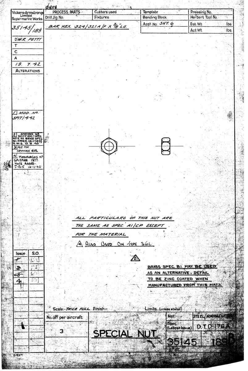 Spitfire Mk VII Type 351 Blueprints 35145 189 B Special Nut A4 Photo Print
