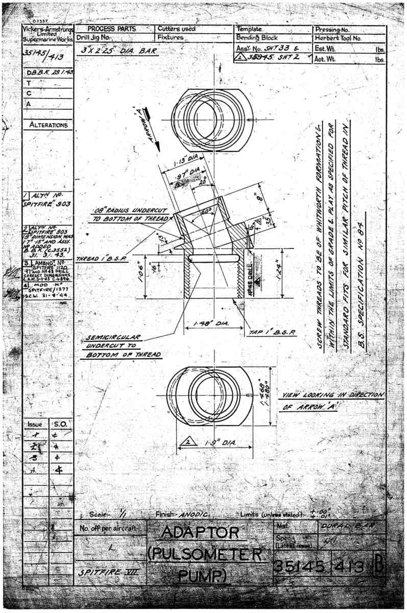 Spitfire Mk VII Type 351 Blueprints 35145 413 B Adaptor pulsometer pump A4 Photo Print