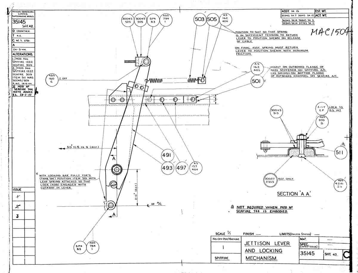 Spitfire Mk VII Type 351 Blueprints 35145 42 C Jettison Lever and Locking Mechanism A4 Photo Print