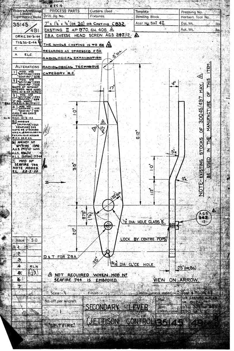 Spitfire Mk VII Type 351 Blueprints 35145 491 B Secondary lever jettison control A4 Photo Print