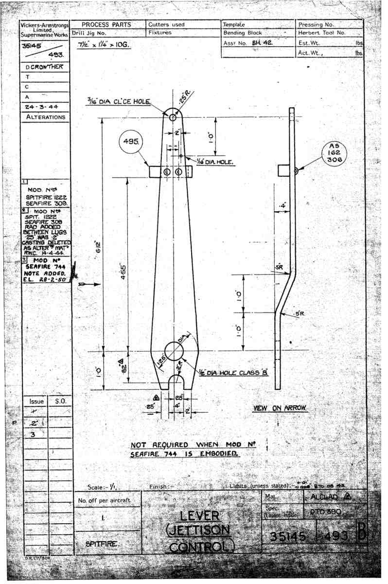 Spitfire Mk VII Type 351 Blueprints 35145 493 B Lever jettison control A4 Photo Print