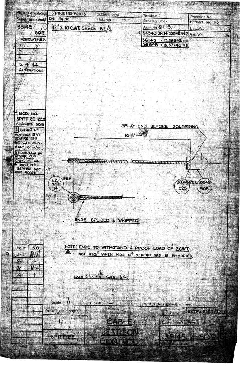 Spitfire Mk VII Type 351 Blueprints 35145 509 B Cable jettison control A4 Photo Print