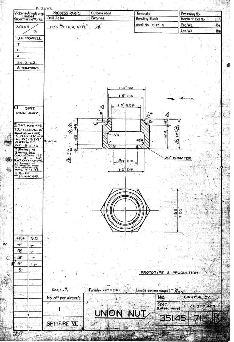 Spitfire Mk VII Type 351 Blueprints 35145 71 B Union nut A4 Photo Print