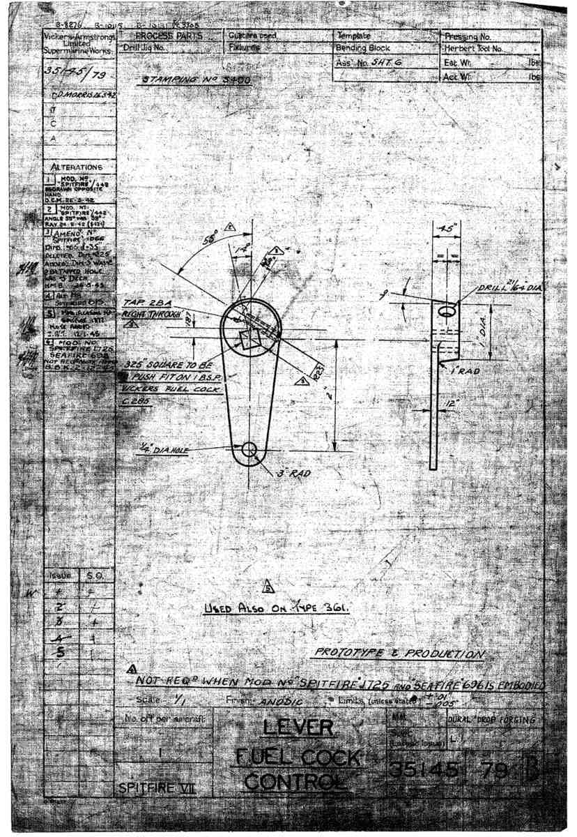 Spitfire Mk VII Type 351 Blueprints 35145 79 B Lever fuel cock control A4 Photo Print