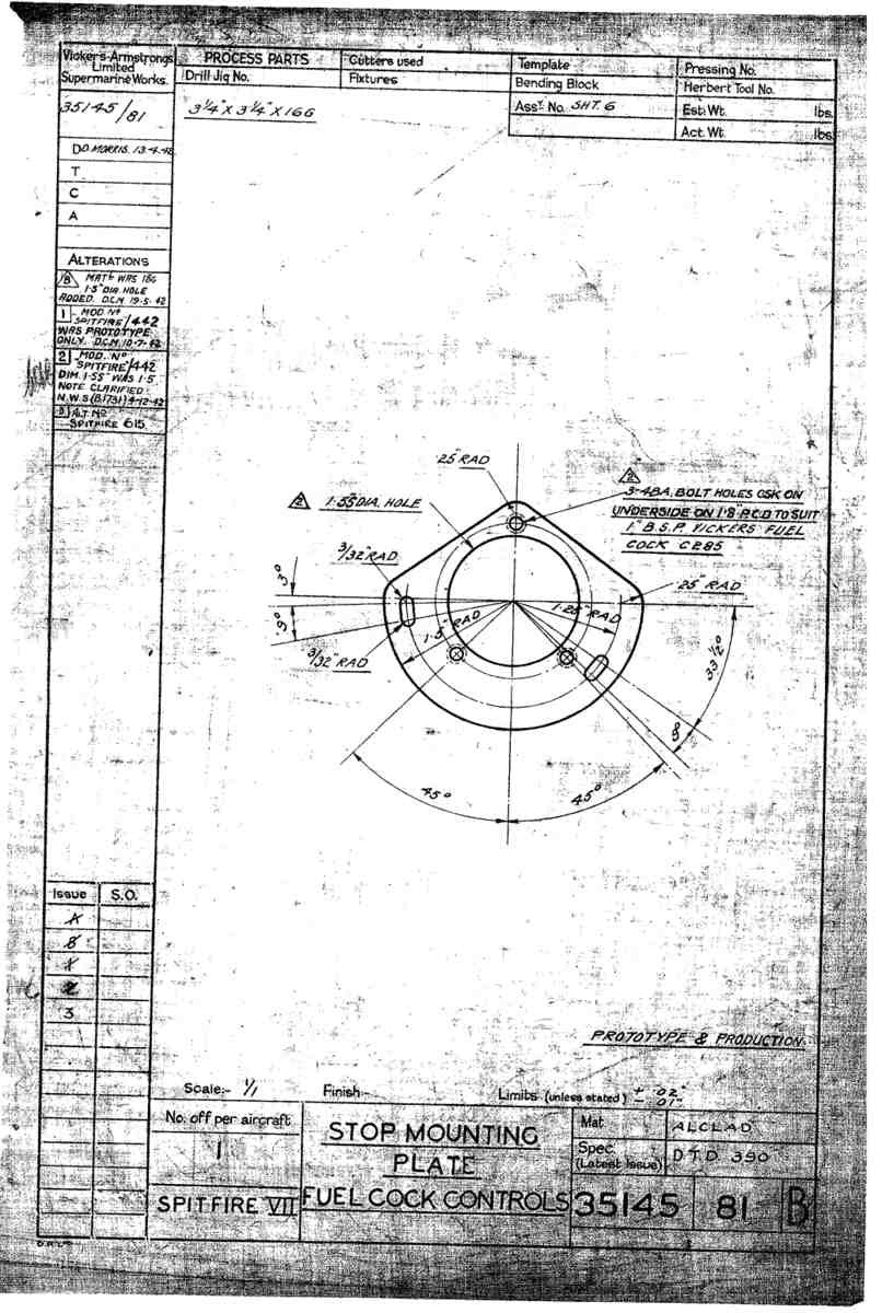 Spitfire Mk VII Type 351 Blueprints 35145 81 B Stop Mounting Plate Fuel Cock Controls A4 Photo Print