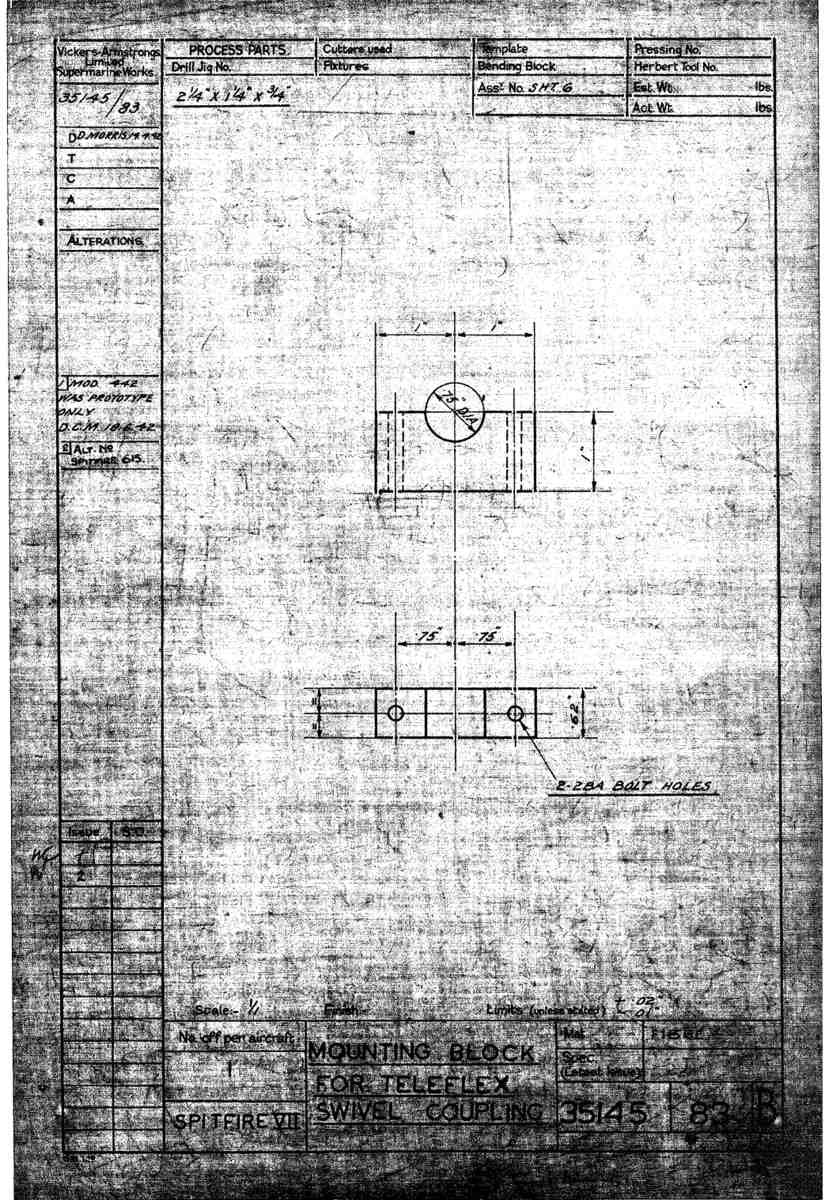 Spitfire Mk VII Type 351 Blueprints 35145 83 B Mounting Block for Teleflex Swivel coupling A4 Photo Print