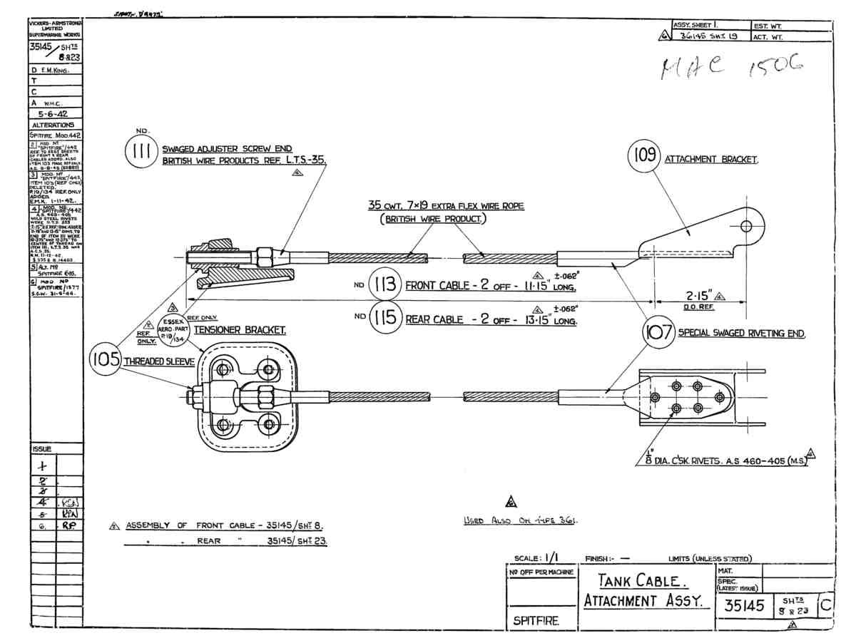 Spitfire Mk VII Type 351 Blueprints 35145 8,23 C Tank Cable Attachment Assembly A4 Photo Print