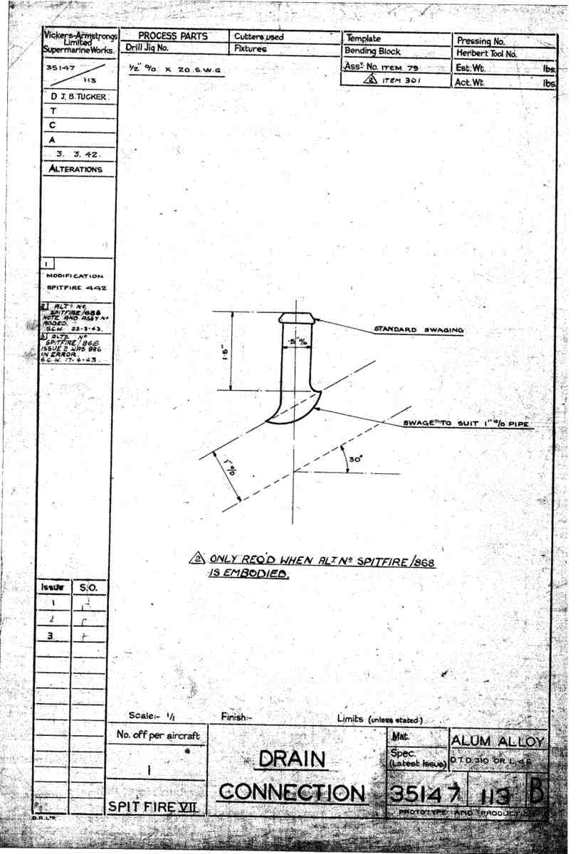 Spitfire Mk VII Type 351 Blueprints 35147 113 B Drain Connection A4 Photo Print