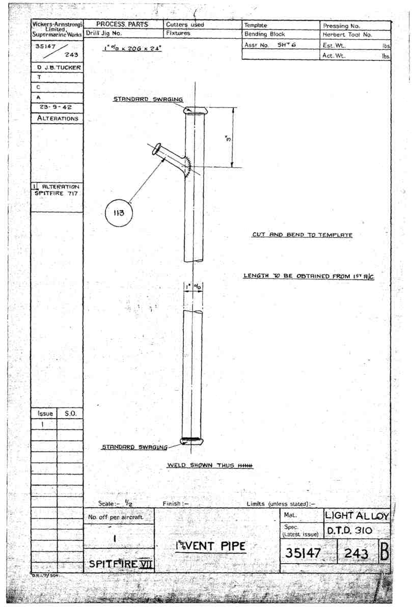 Spitfire Mk VII Type 351 Blueprints 35147 243 B Vent pipe A4 Photo Print