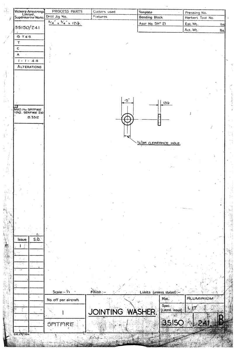 Spitfire Mk VII Type 351 Blueprints 35150 241 B Jointing Washer A4 Photo Print