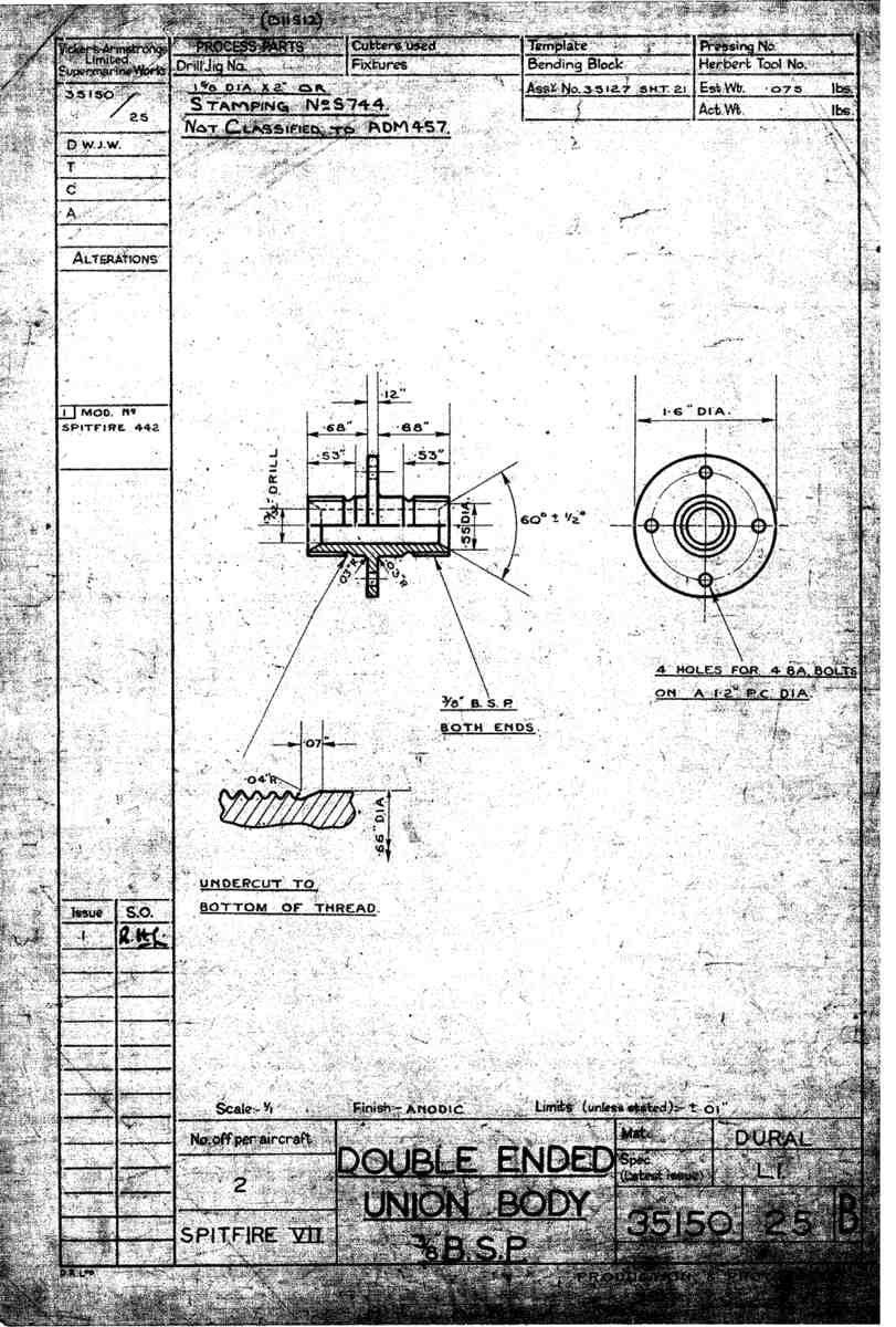 Spitfire Mk VII Type 351 Blueprints 35150 25 B Double ended union body A4 Photo Print