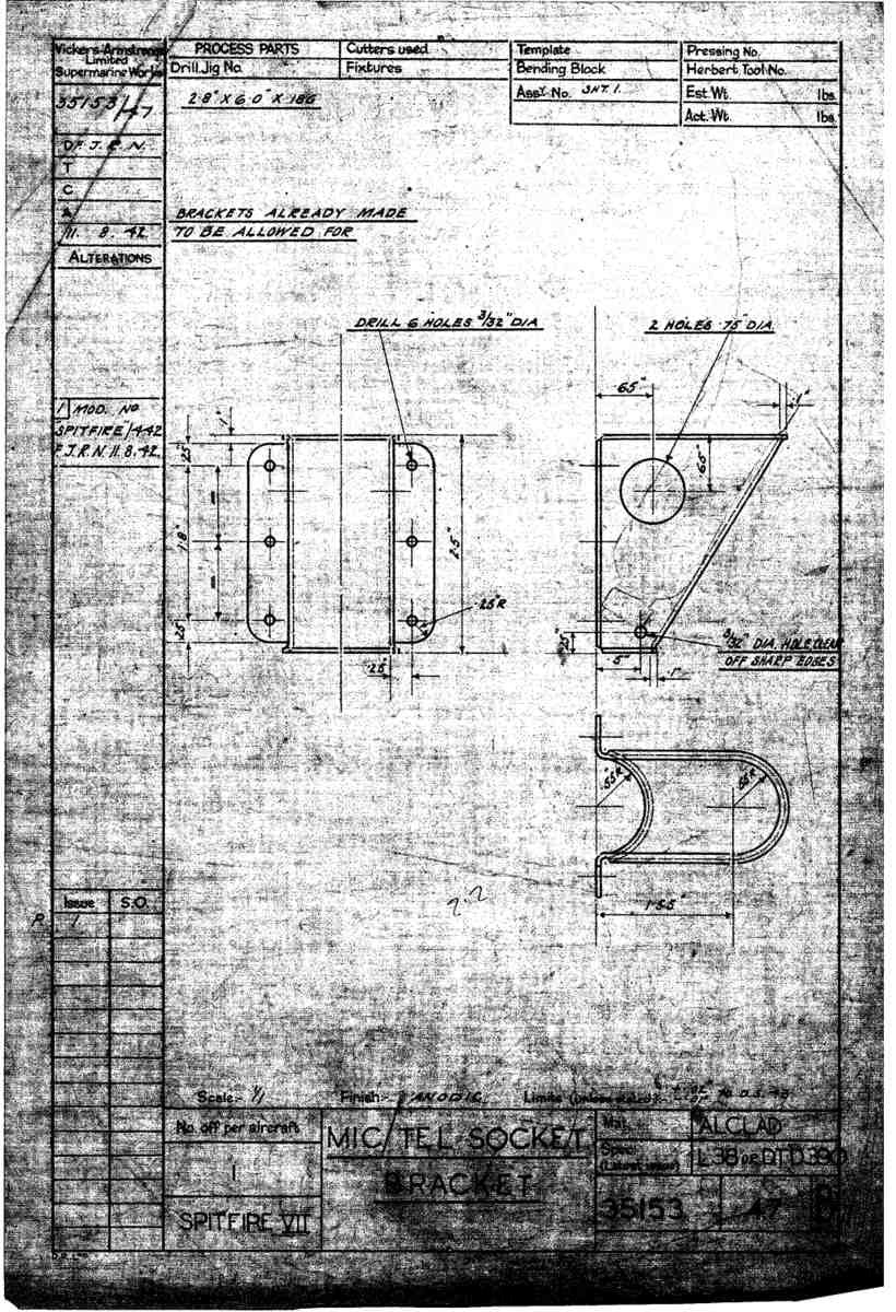 Spitfire Mk VII Type 351 Blueprints 35153 47 B Mic Tel socket bracket A4 Photo Print