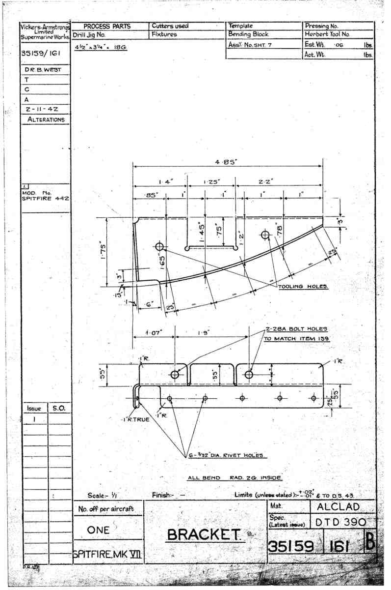 Spitfire Mk VII Type 351 Blueprints 35159 161 B Bracket A4 Photo Print