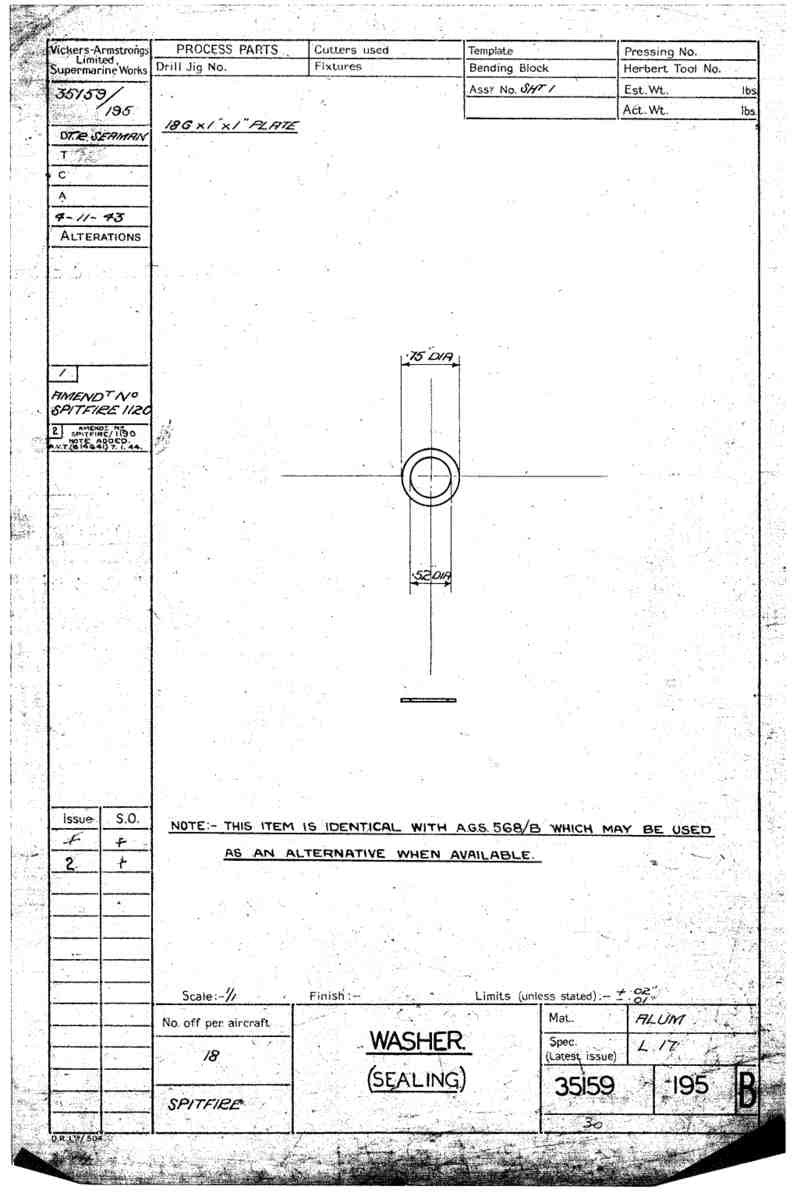 Spitfire Mk VII Type 351 Blueprints 35159 195 B Washer sealing A4 Photo Print