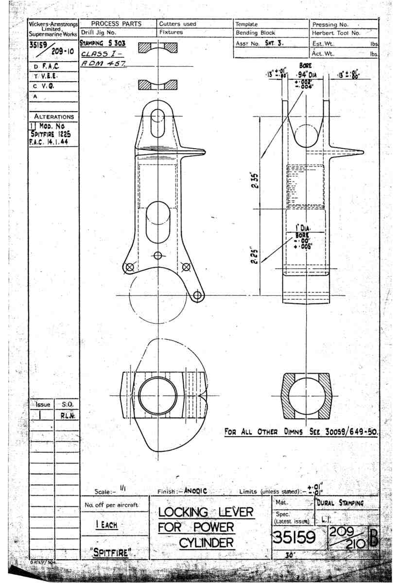 Spitfire Mk VII Type 351 Blueprints 35159 209,210 B Locking Lever for Power Cylinder A4 Photo Print