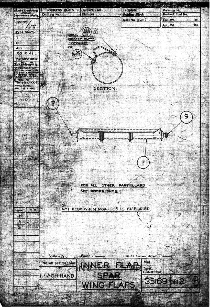 Spitfire Mk VII Type 351 Blueprints 35169 2 B Inner Flap Spar wing flaps A4 Photo Print