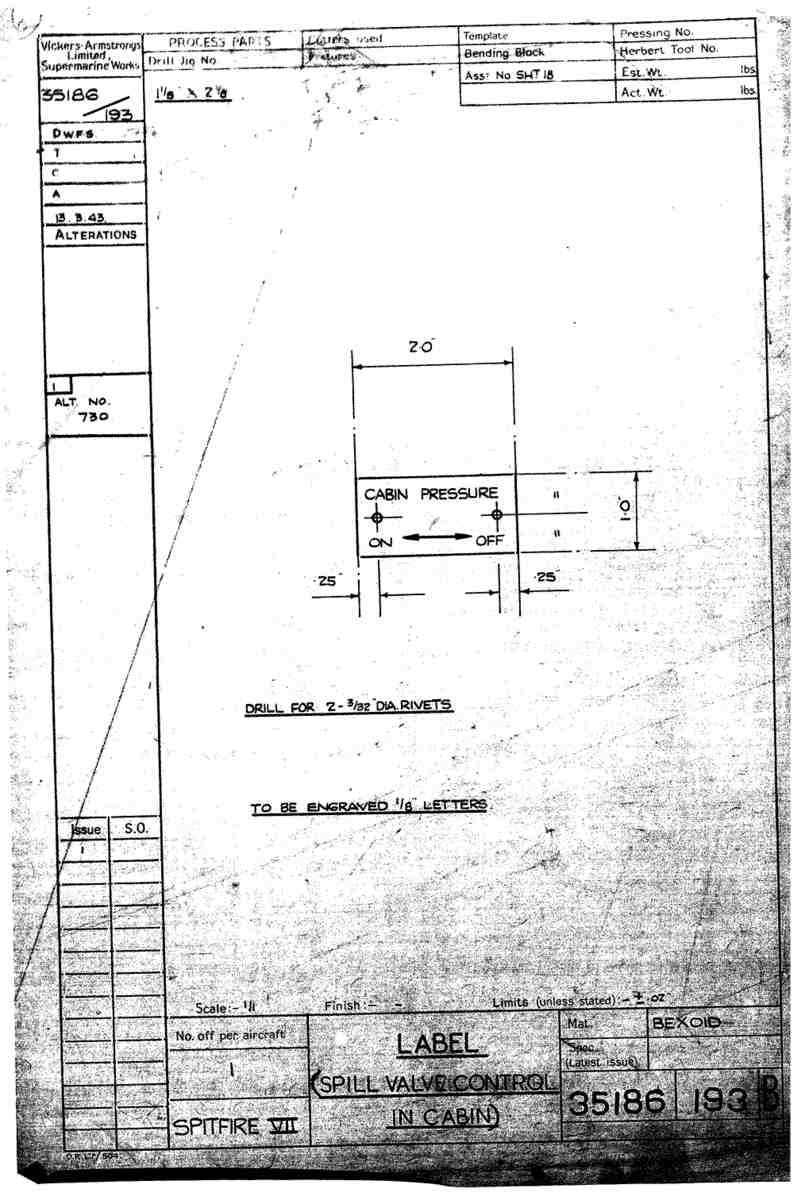 Spitfire Mk VII Type 351 Blueprints 35186 193 B Label spill valve control in cabin A4 Photo Print