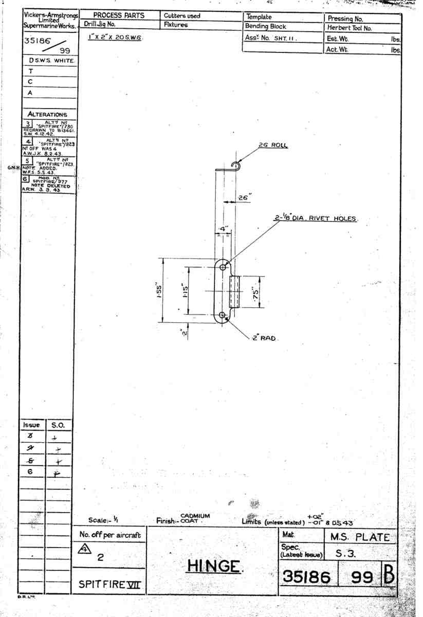 Spitfire Mk VII Type 351 Blueprints 35186 99 B Hinge A4 Photo Print