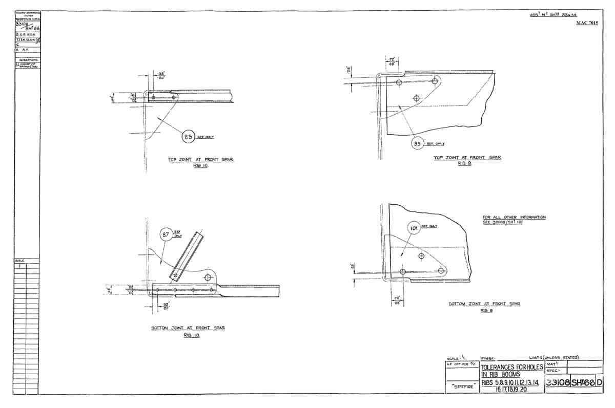 Spitfire Mk VIII Type 331 Blueprints 33108 66 D Tolerances for Holes in Rib Booms Ribs 5,8,9   A4 Photo Print