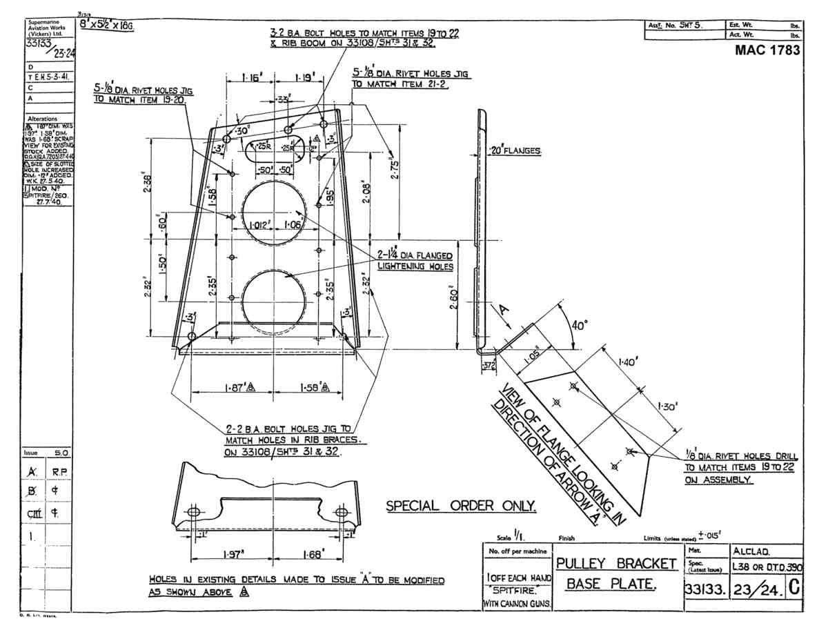 Spitfire Mk VIII Type 331 Blueprints 33133 23,24 C Pulley Bracket Base Plate A4 Photo Print