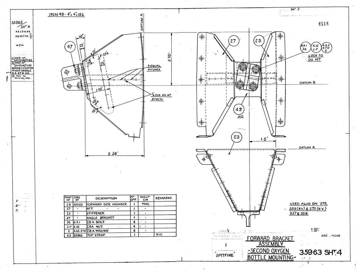 Spitfire Mk VIII Type 359 Blueprints 35963 4 C Forward Bracket Assembly Second Oxygen Bottle M A4 Photo Print