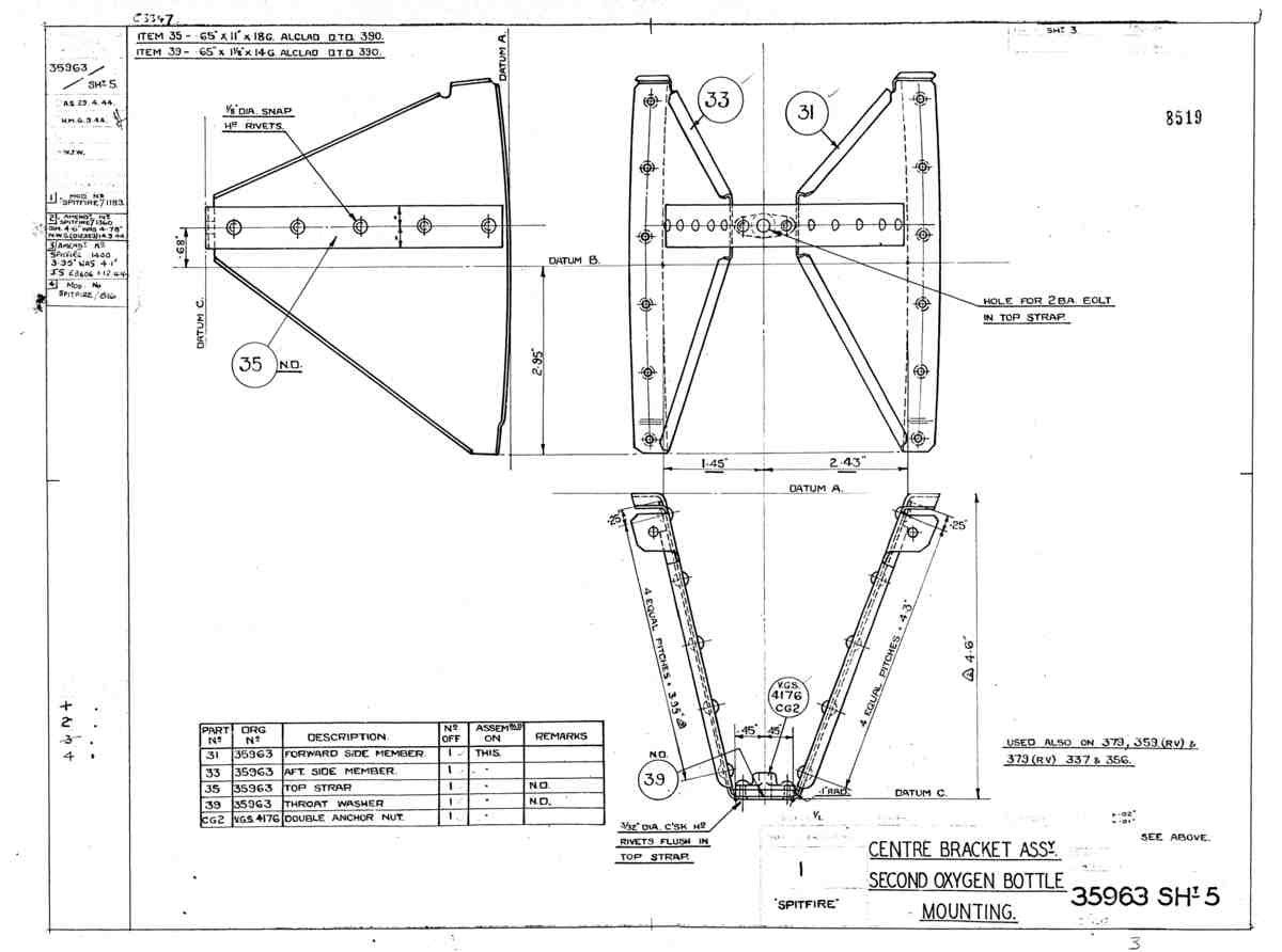 Spitfire Mk VIII Type 359 Blueprints 35963 5 C Centre Bracket Assembly Second Oxygen Bottle mo A4 Photo Print