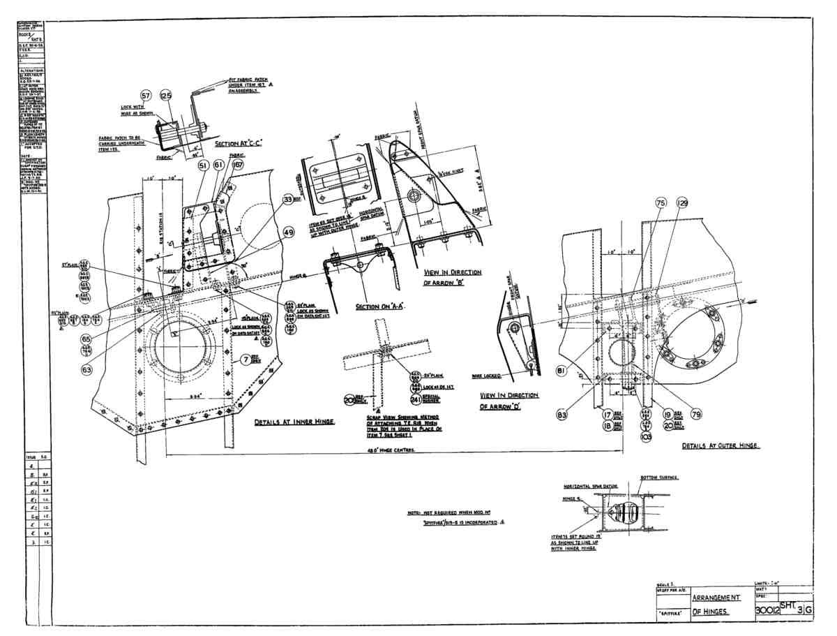 Spitfire MkI II Type 300 Blueprints 30012 3 G Arrangement of Hinges A4 Photo Print