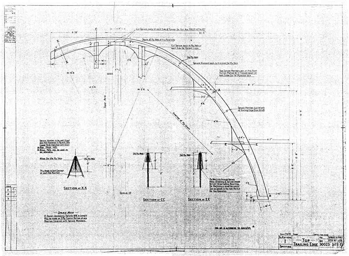 Spitfire MkI II Type 300 Blueprints 30023 503 G Top Trailing Edge A4 Photo Print