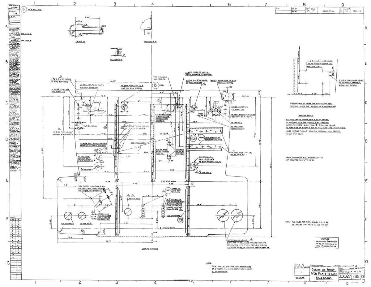 Spitfire MkI II Type 300 Blueprints 30027 735 G Detail of Front Web Plate to Take Spar Booms A4 Photo Print