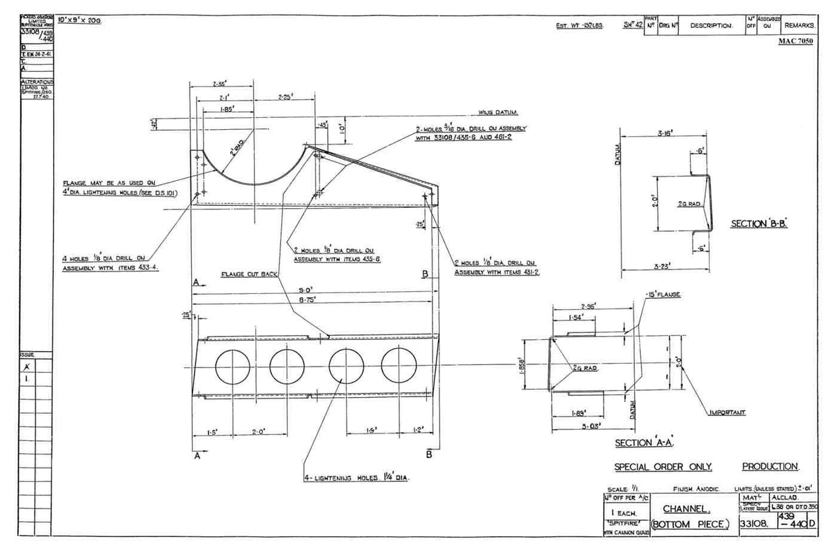 Spitfire MkI II Type 331 Blueprints 33108 439440 D Channel Bottom Piece A4 Photo Print