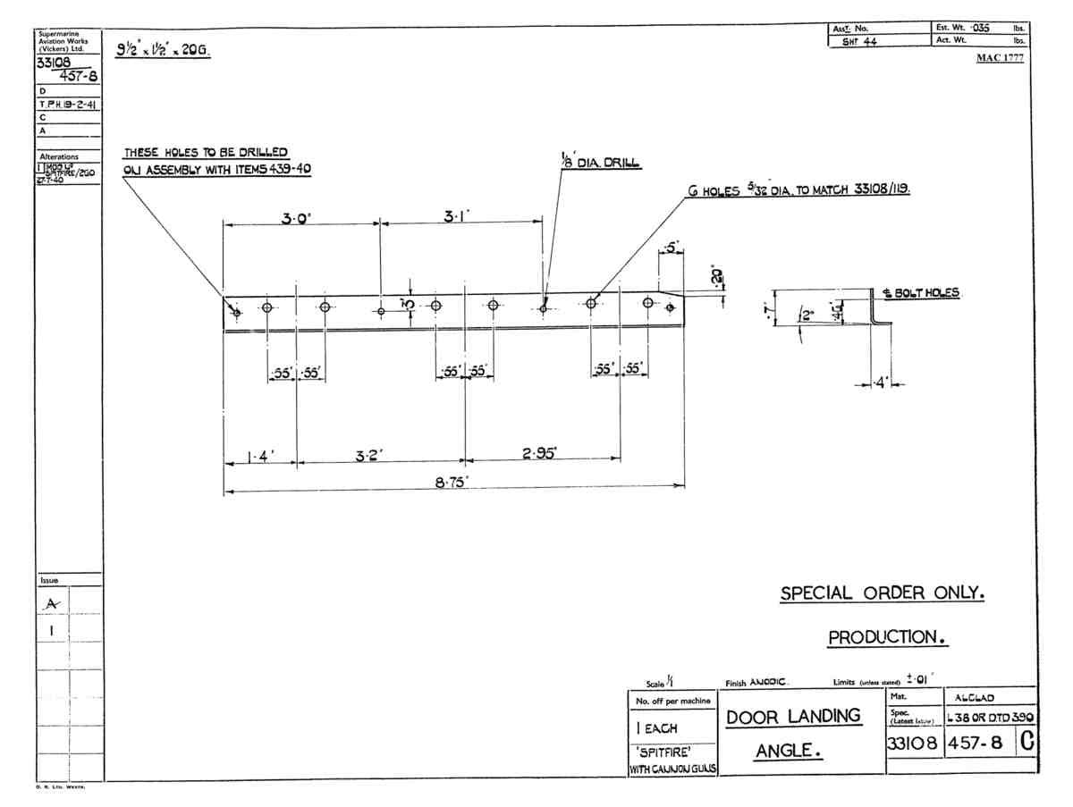 Spitfire MkI II Type 331 Blueprints 33108 457,458 C Door Landing Angle A4 Photo Print