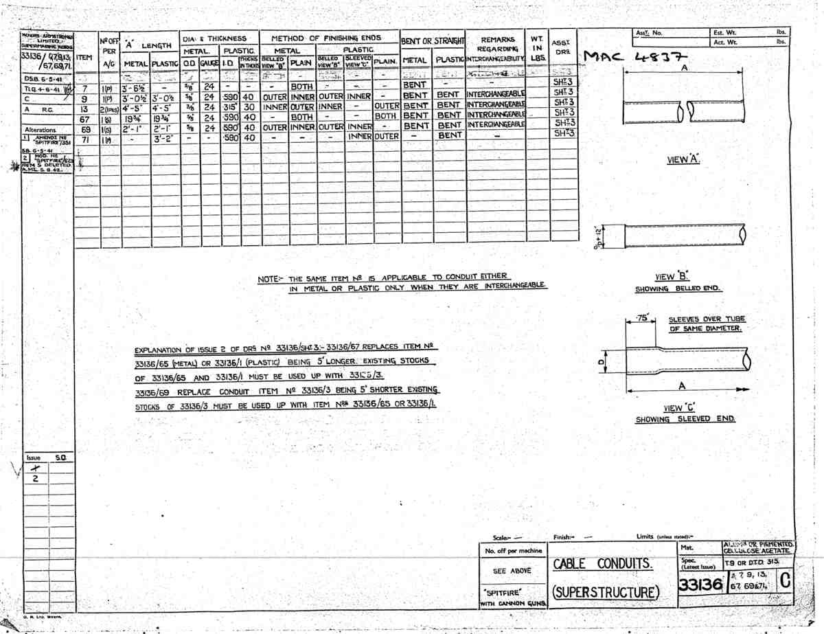 Spitfire MkI II Type 331 Blueprints 33136 7,9,13,67,69,74 C Cable Conduits superstructure A4 Photo Print