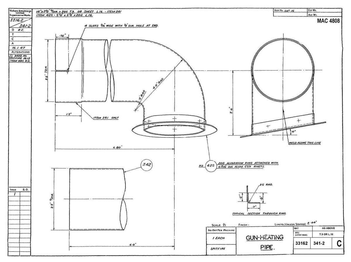 Spitfire MkI II Type 331 Blueprints 33162 341342 C Gun Heating Pipe A4 Photo Print