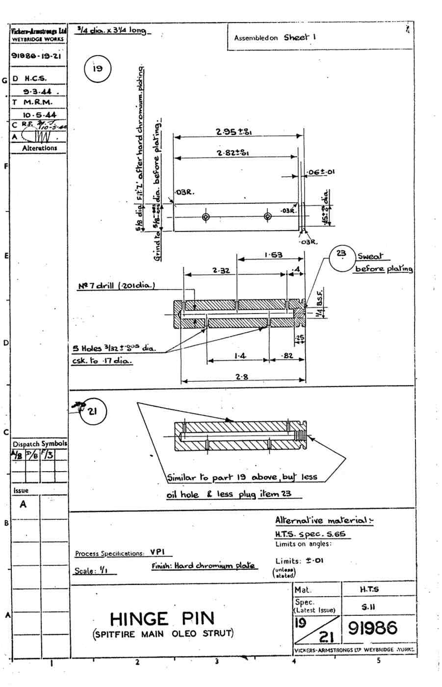 Spitfire MkIV VII Blueprints 91986 1921 Hinge Pin Spitfire main oleo strut A4 Photo Print