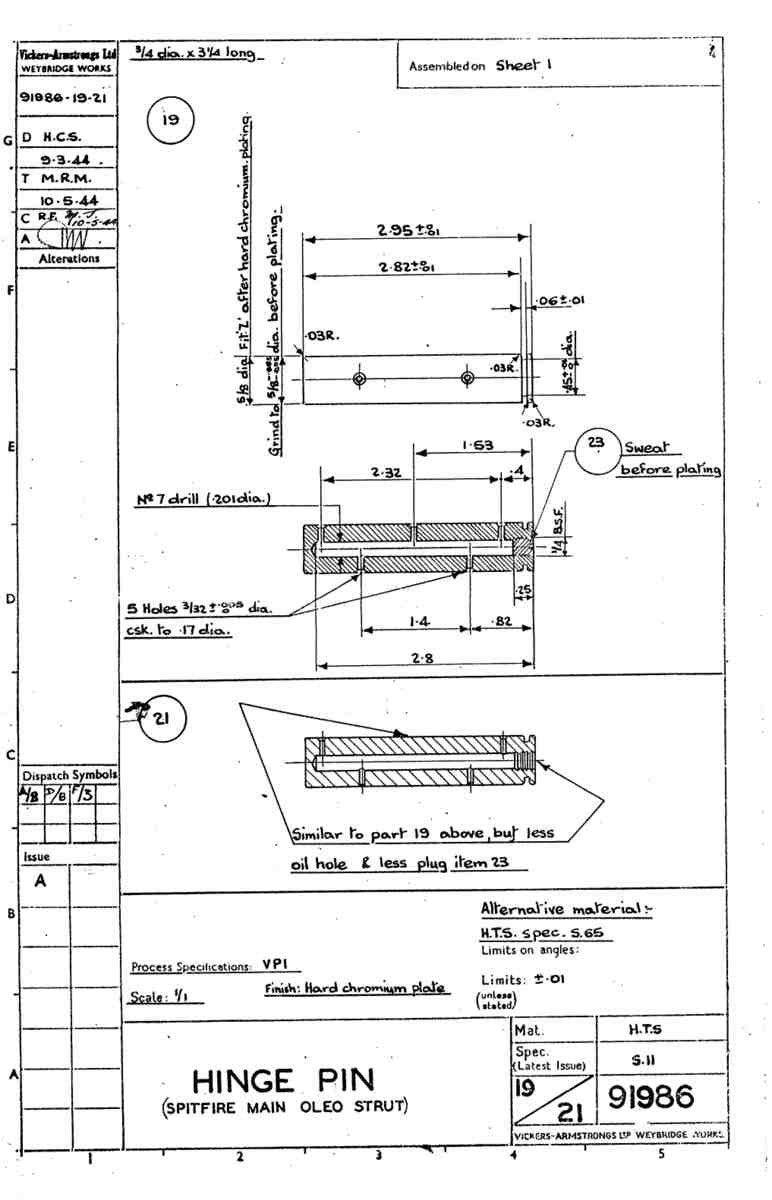 Spitfire MkIV VII Blueprints 91986 19,21 Hinge Pin Spitfire main oleo strut A4 Photo Print
