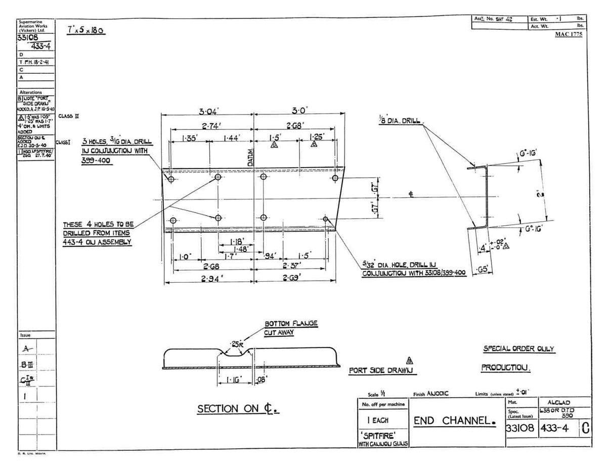 Spitfire Type 331 Mk IX Blueprints 33108 433434 C End Channel A4 Photo Print