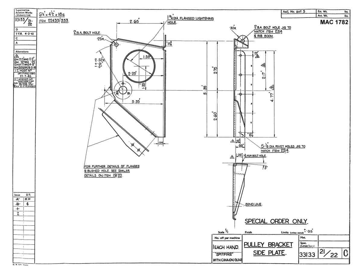 Spitfire Type 331 Mk IX Blueprints 33133 21,22 C Pulley Bracket Side Plate A4 Photo Print