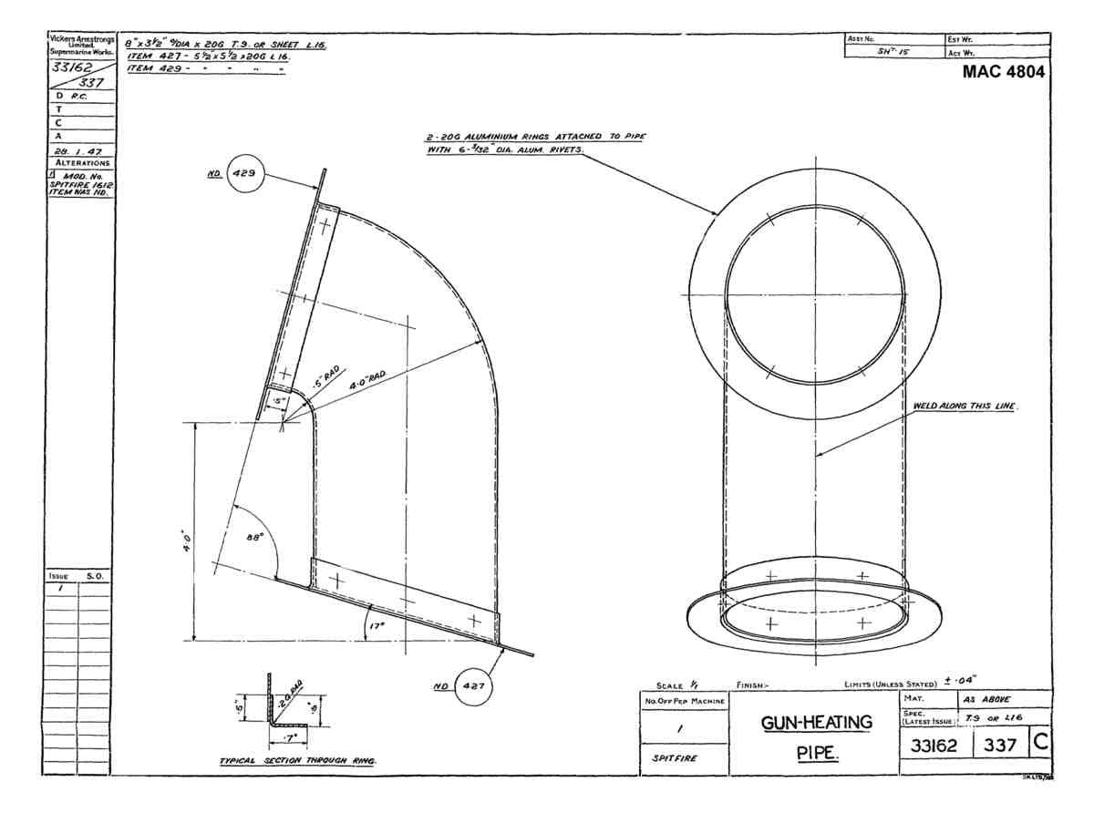 Spitfire Type 331 Mk IX Blueprints 33162 337 C Gun Heating Pipe A4 Photo Print