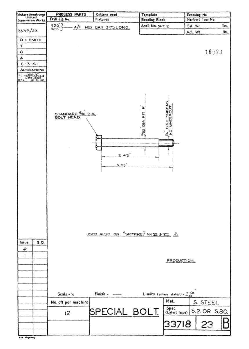 Spitfire Type 337 Mk IV Blueprints 33718 23 B Special Bolt A4 Photo Print