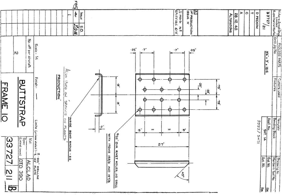 Spitfire Type 337 Mk IV Blueprints 33727 211 B Buttstrap Frame 10 A4 Photo Print