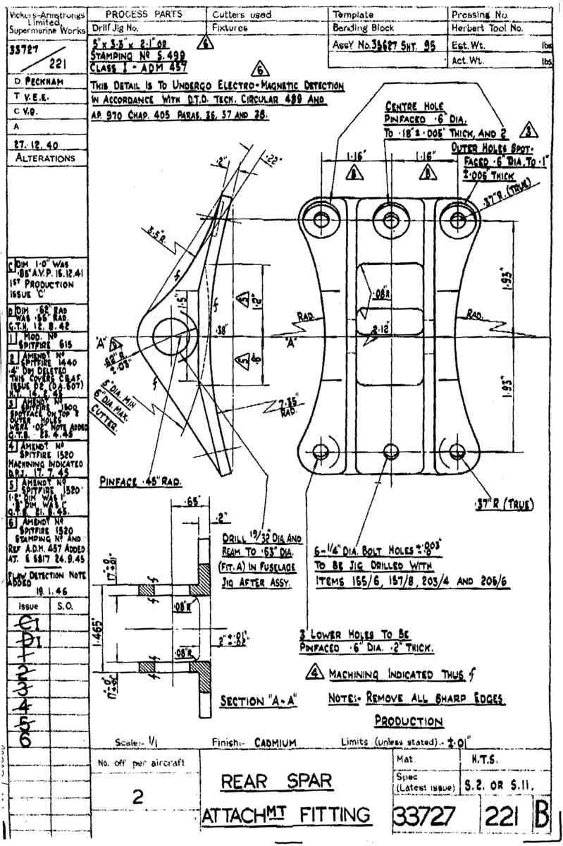 Spitfire Type 337 Mk IV Blueprints 33727 221 B Rear Spar Attachment Fitting A4 Photo Print