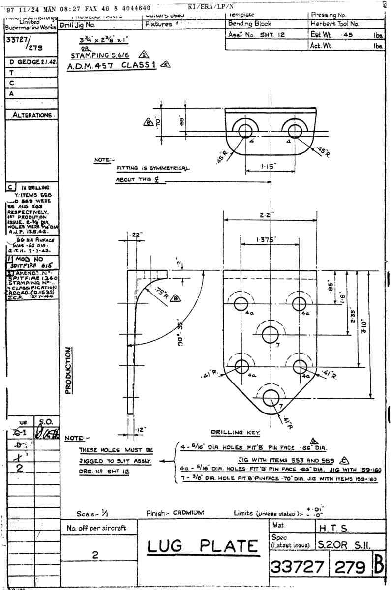 Spitfire Type 337 Mk IV Blueprints 33727 279 B Lug Plate A4 Photo Print