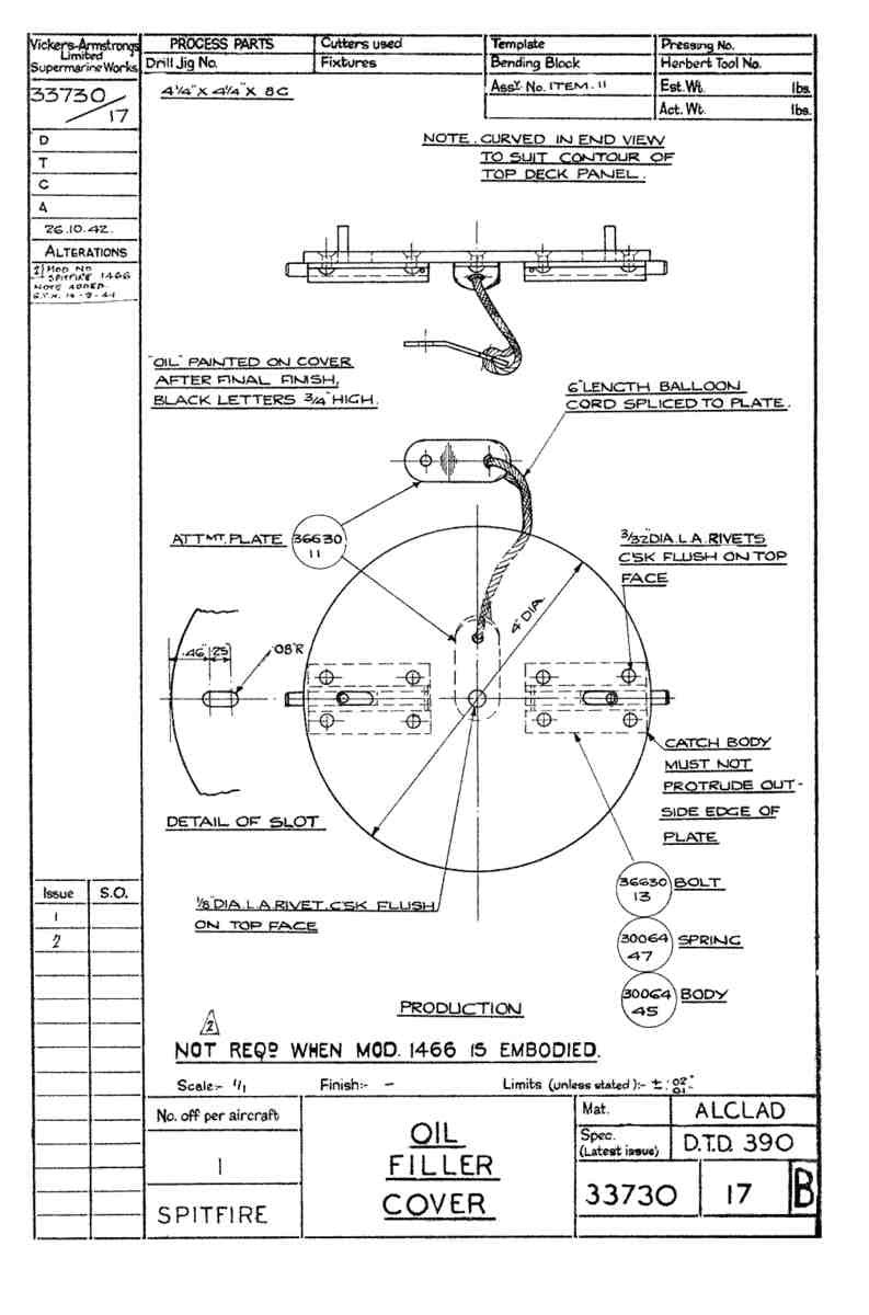 Spitfire Type 337 Mk IV Blueprints 33730 17 B Oil Filler Cover A4 Photo Print
