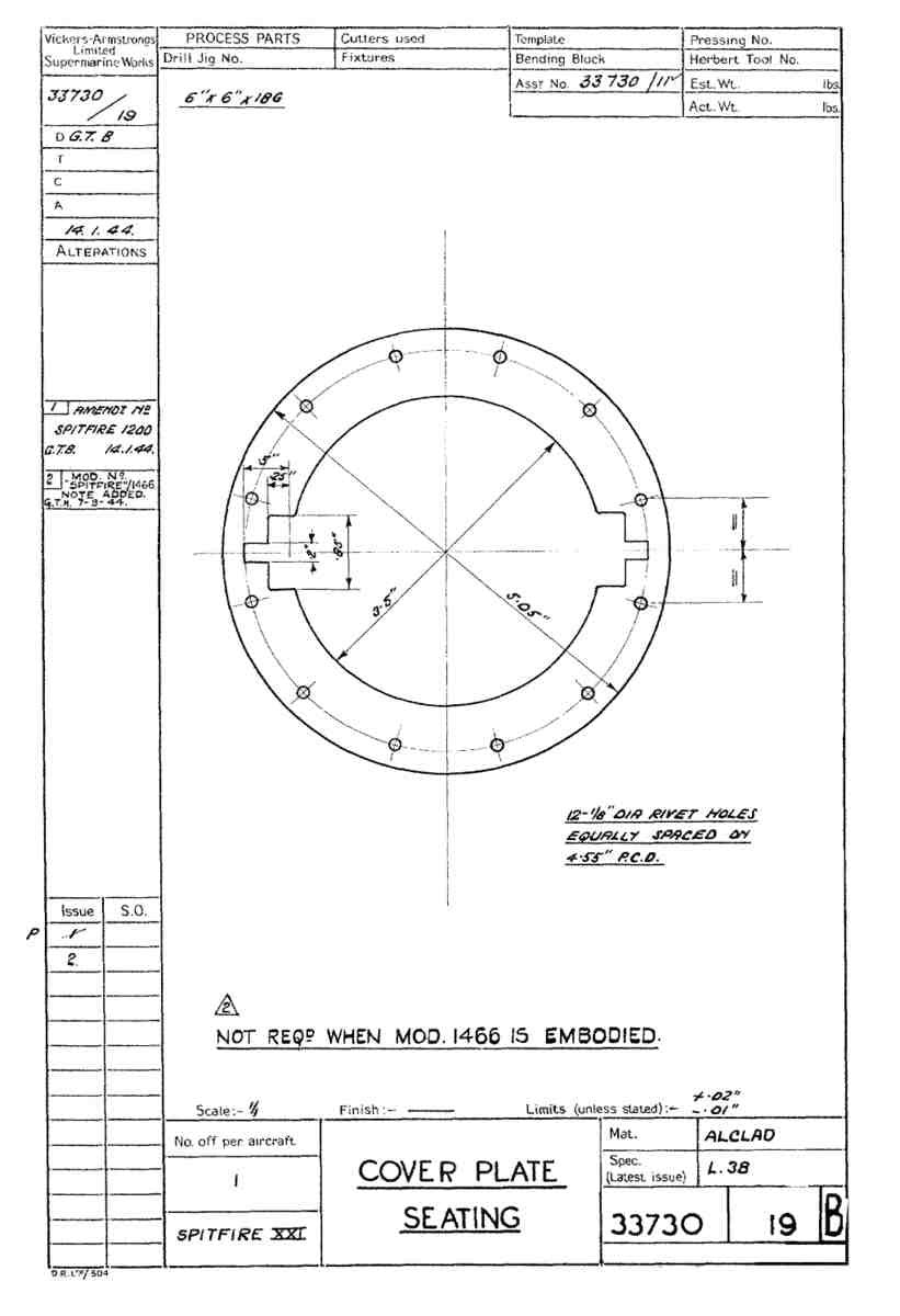 Spitfire Type 337 Mk IV Blueprints 33730 19 B Cover Plate Seating A4 Photo Print