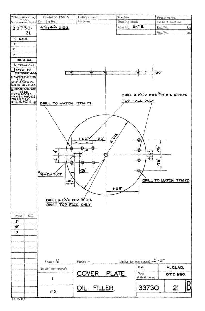 Spitfire Type 337 Mk IV Blueprints 33730 21 B Cover Plate Oil Filler A4 Photo Print