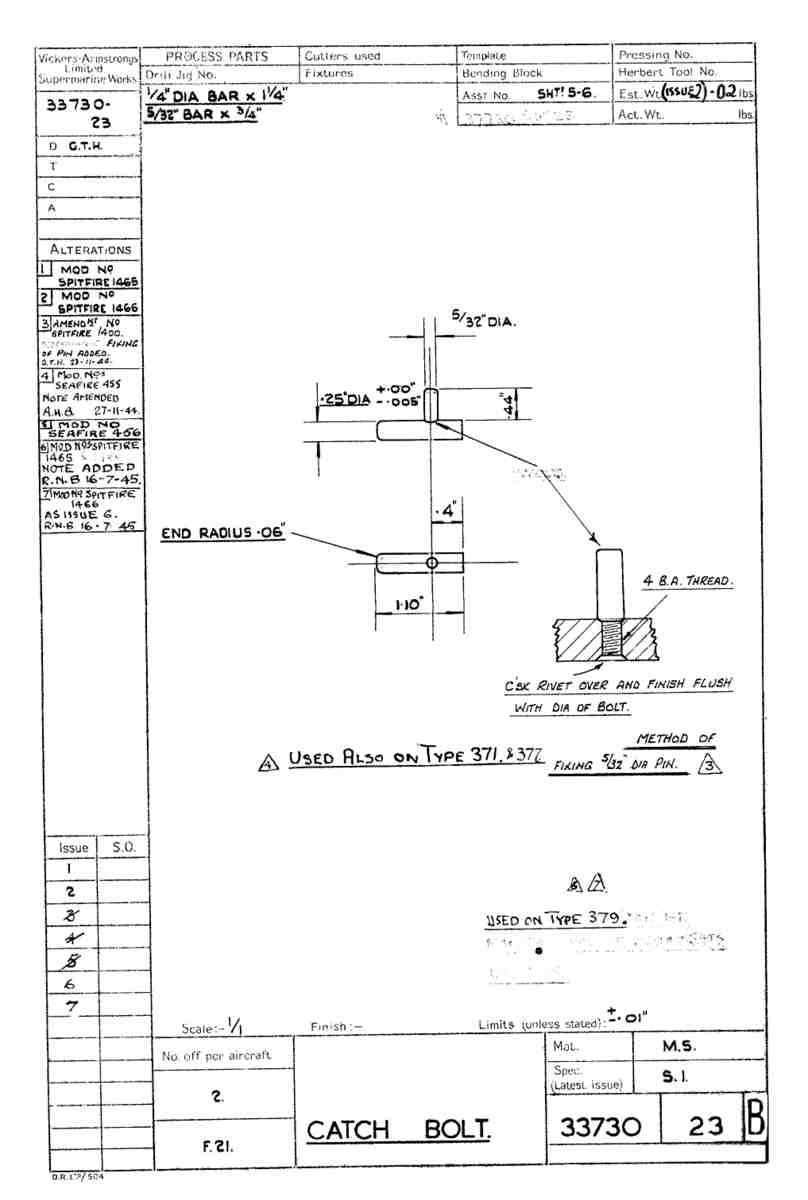 Spitfire Type 337 Mk IV Blueprints 33730 23 B Catch Bolt A4 Photo Print