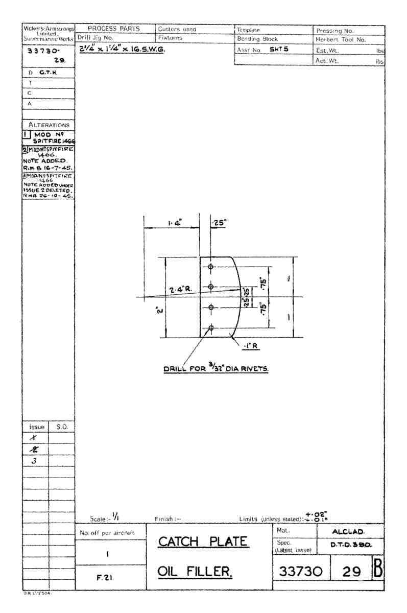 Spitfire Type 337 Mk IV Blueprints 33730 29 B Catch Plate Oil Filler A4 Photo Print