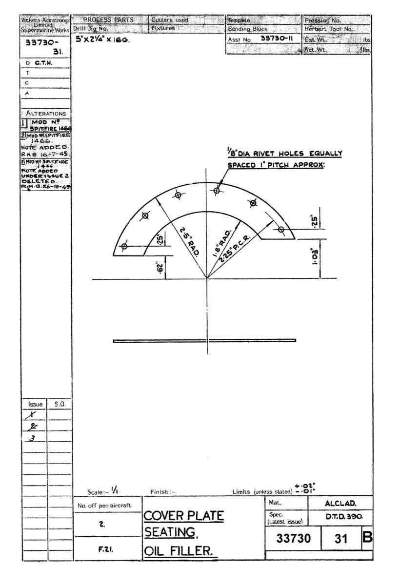 Spitfire Type 337 Mk IV Blueprints 33730 31 B Cover Plate Seating Oil Filler A4 Photo Print